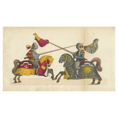Litografía coloreada a mano de 1842: Dos caballeros justando en vibrantes colores heráldicos
