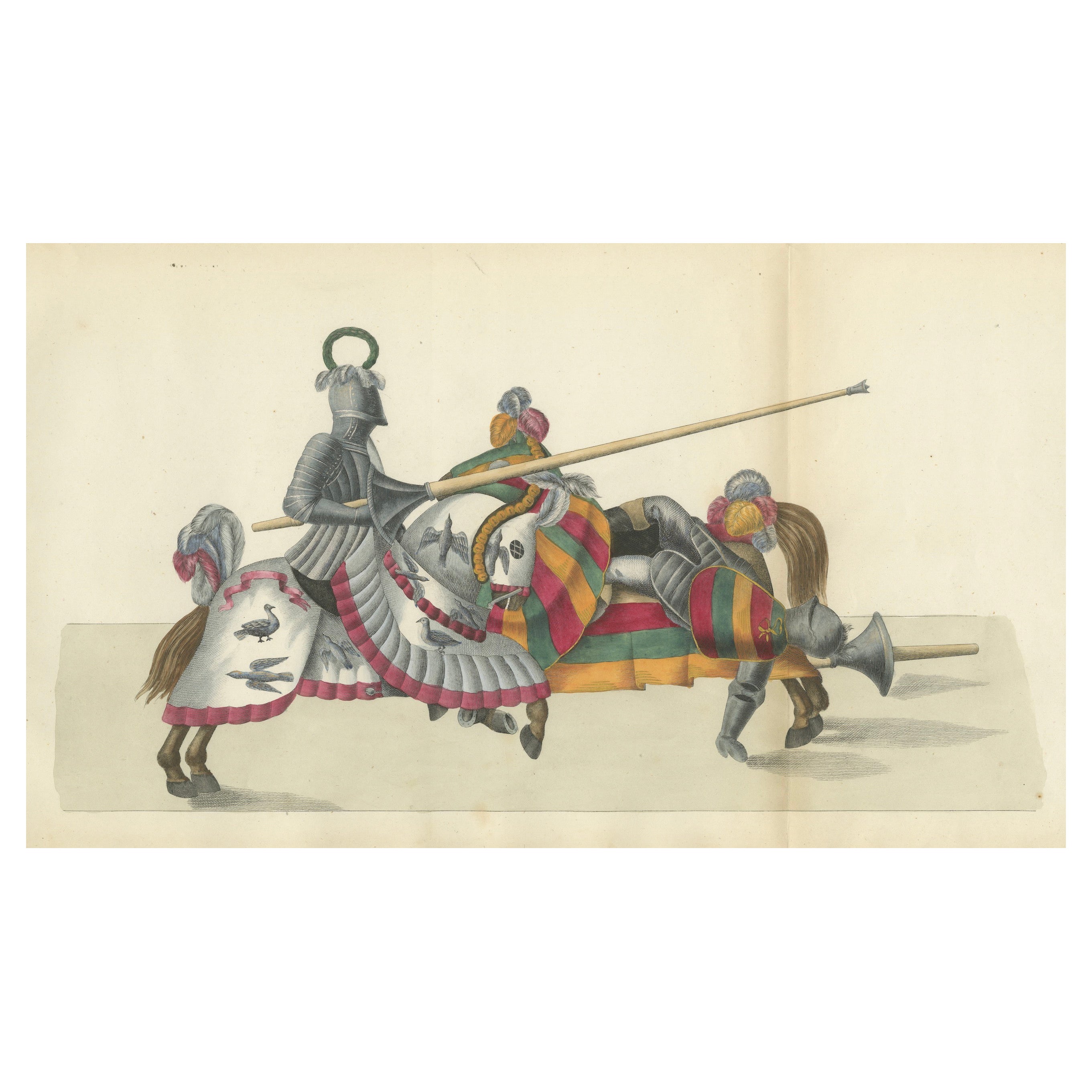 Hand-Coloured Jousting Scene: Armoured Knight and Striped Caparisoned Horse 1842