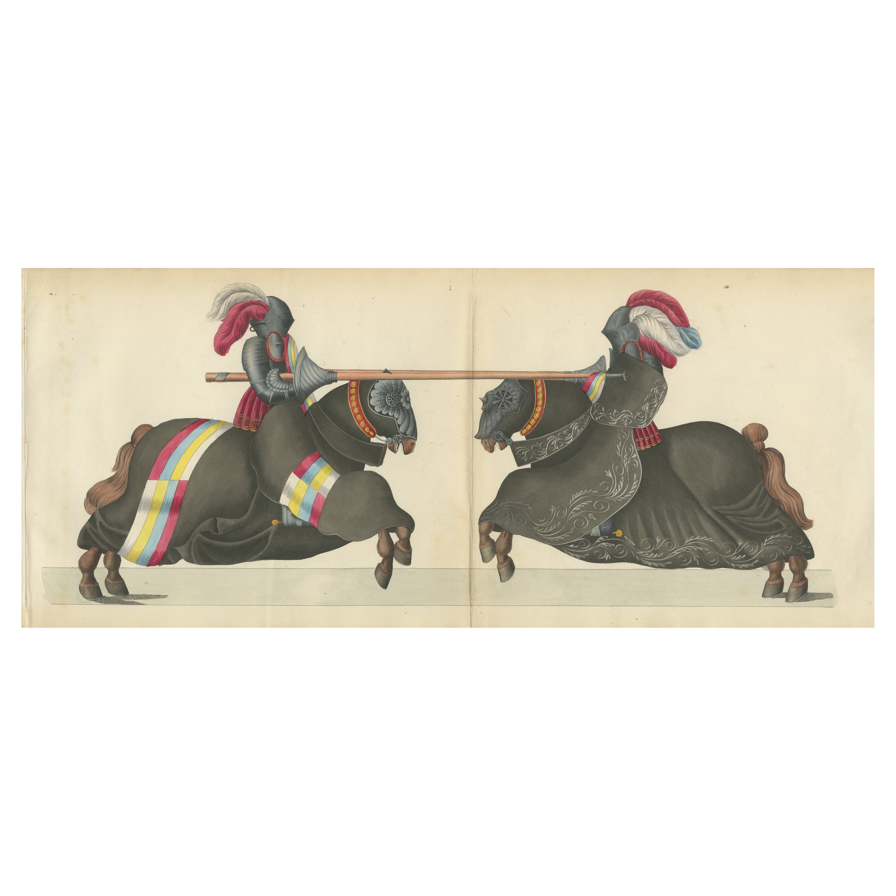 19th-Century Hand-Coloured Knights Jousting in Ornate Black Caparisons