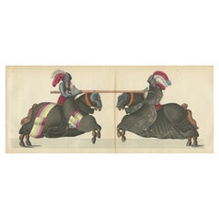 19th-Century Hand-Coloured Knights Jousting in Ornate Black Caparisons