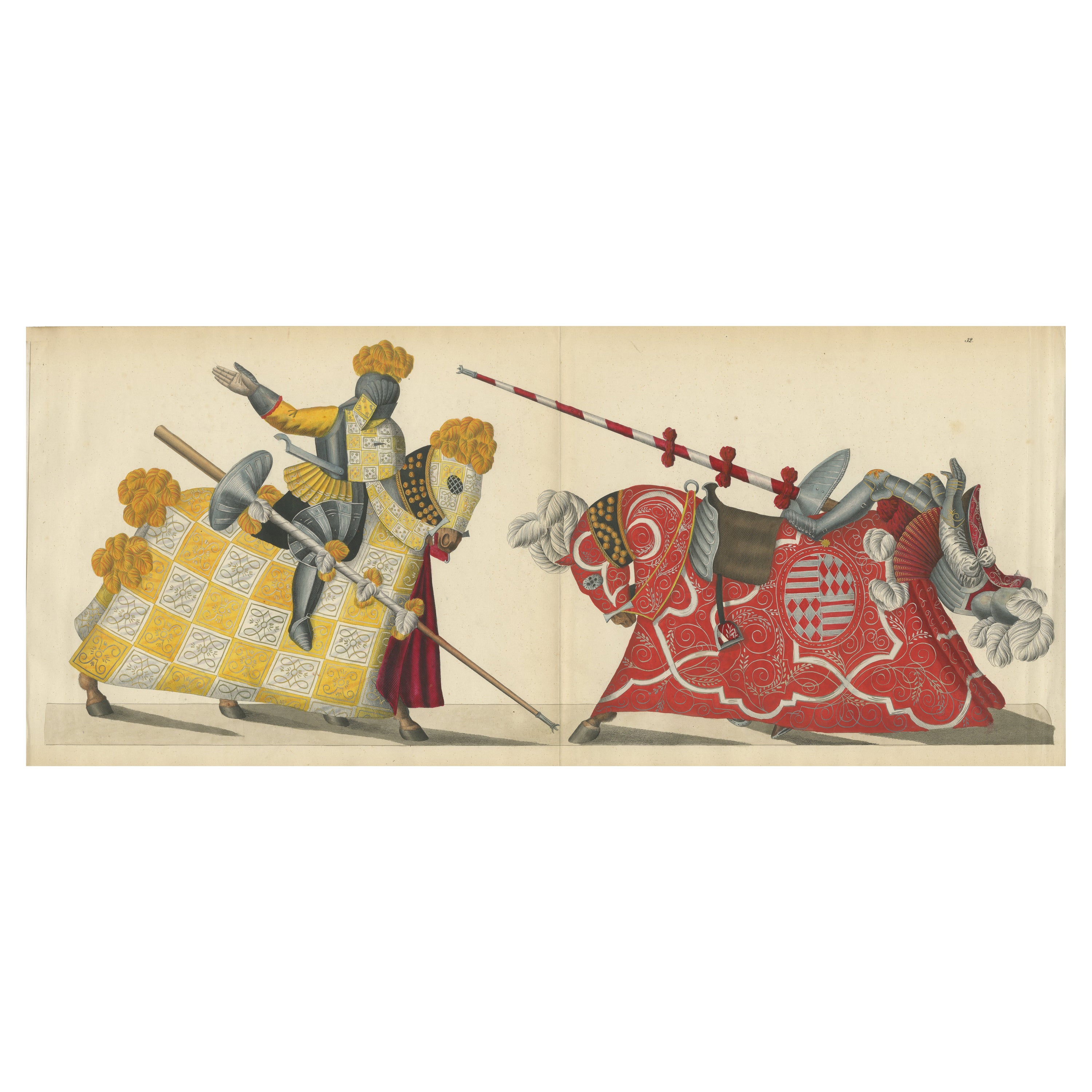 Handkoloriertes Litho aus dem 19. Jahrhundert: verschnörkelte Jousting-Ritter mit auffälliger Wappenkunst
