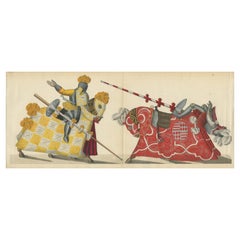 Lithographie du XIXe siècle coloriée à la main : chevaliers jouant à la joute avec une héraldique frappante