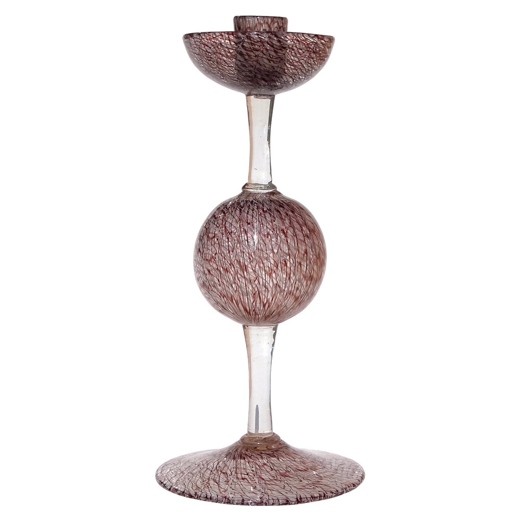 Seguso Murano 1952 Púrpura Blanco Merletto Cintas Arte Italiano Vidrio Candelero