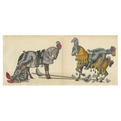 Litografia colorata a mano del XIX secolo raffigurante cavalieri e cavalli caduti dopo la giostra