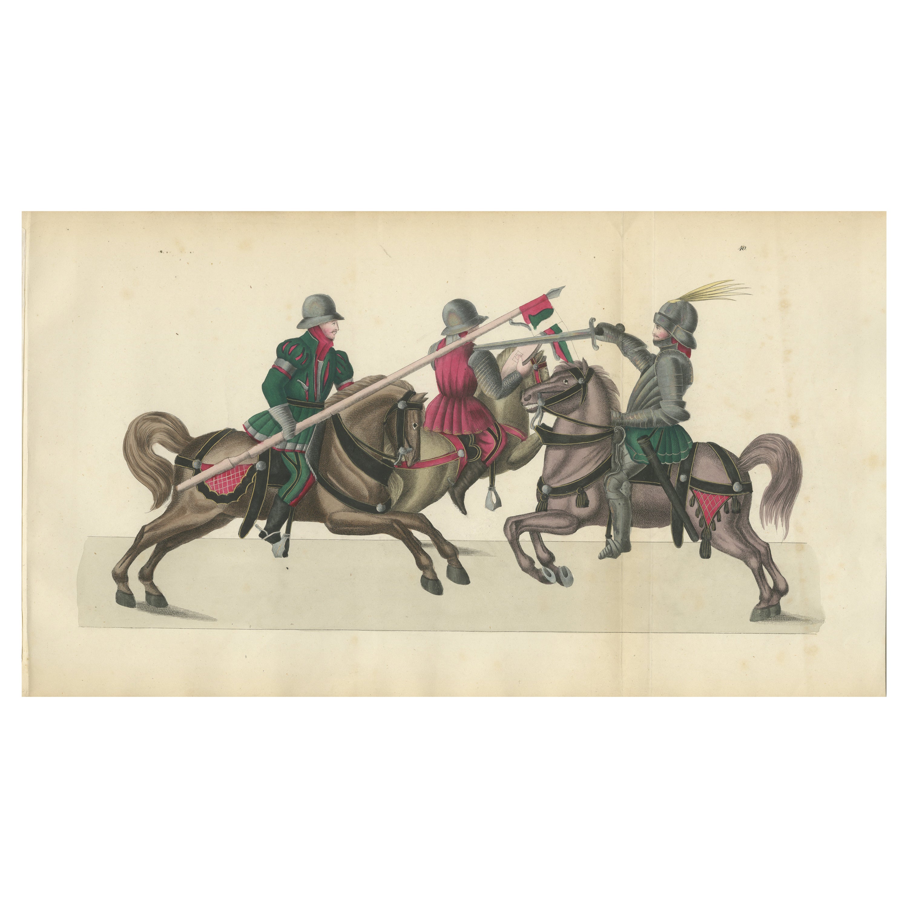 19th-Century Hand-Coloured Lithograph of Mounted Combat with Spear and Sword
