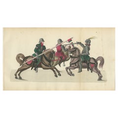 Litografía coloreada a mano del siglo XIX de un combate a caballo con lanza y espada