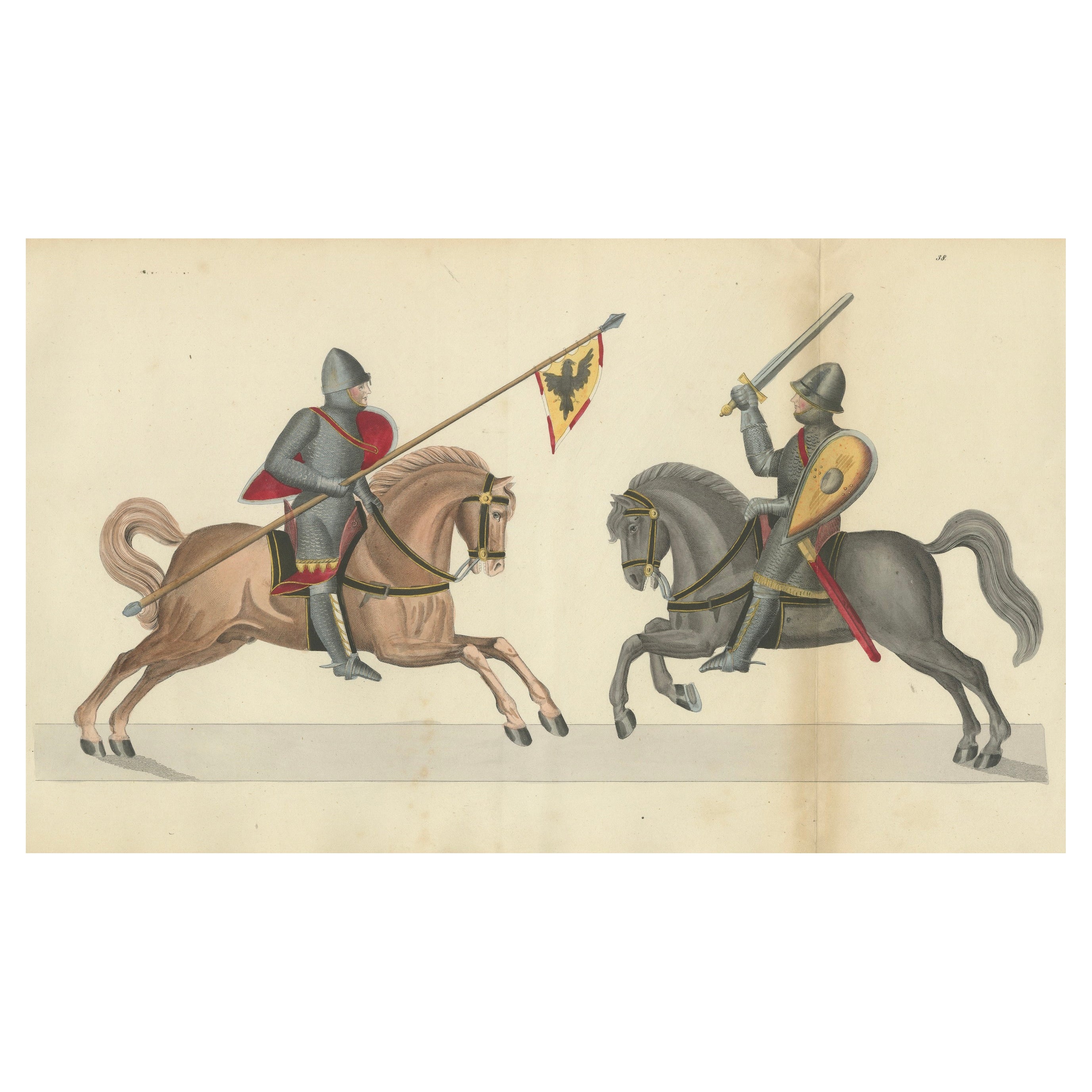 19th-Century Hand-Coloured Print of Armed Horsemen Bearing a Heraldic Banner For Sale