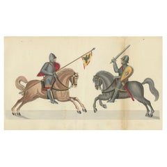 Antique 19th-Century Hand-Coloured Print of Armed Horsemen Bearing a Heraldic Banner