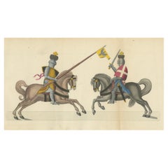 Grabado coloreado a mano de caballeros con estandarte heráldico en combate montado, 1842