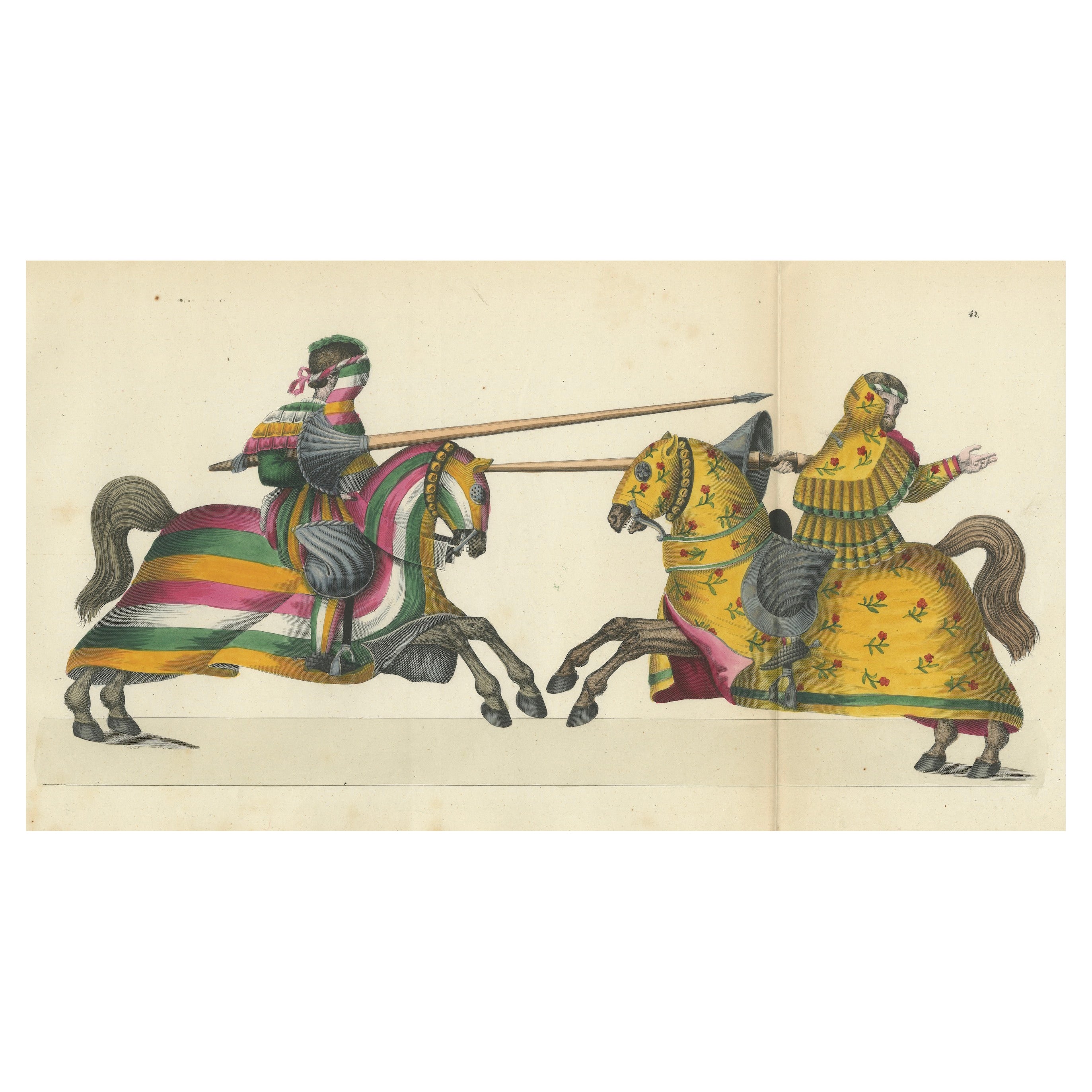 Escena de justa coloreada a mano con caparazones florales y de rayas vibrantes, 1842