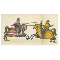Escena de justa coloreada a mano con caparazones florales y de rayas vibrantes, 1842