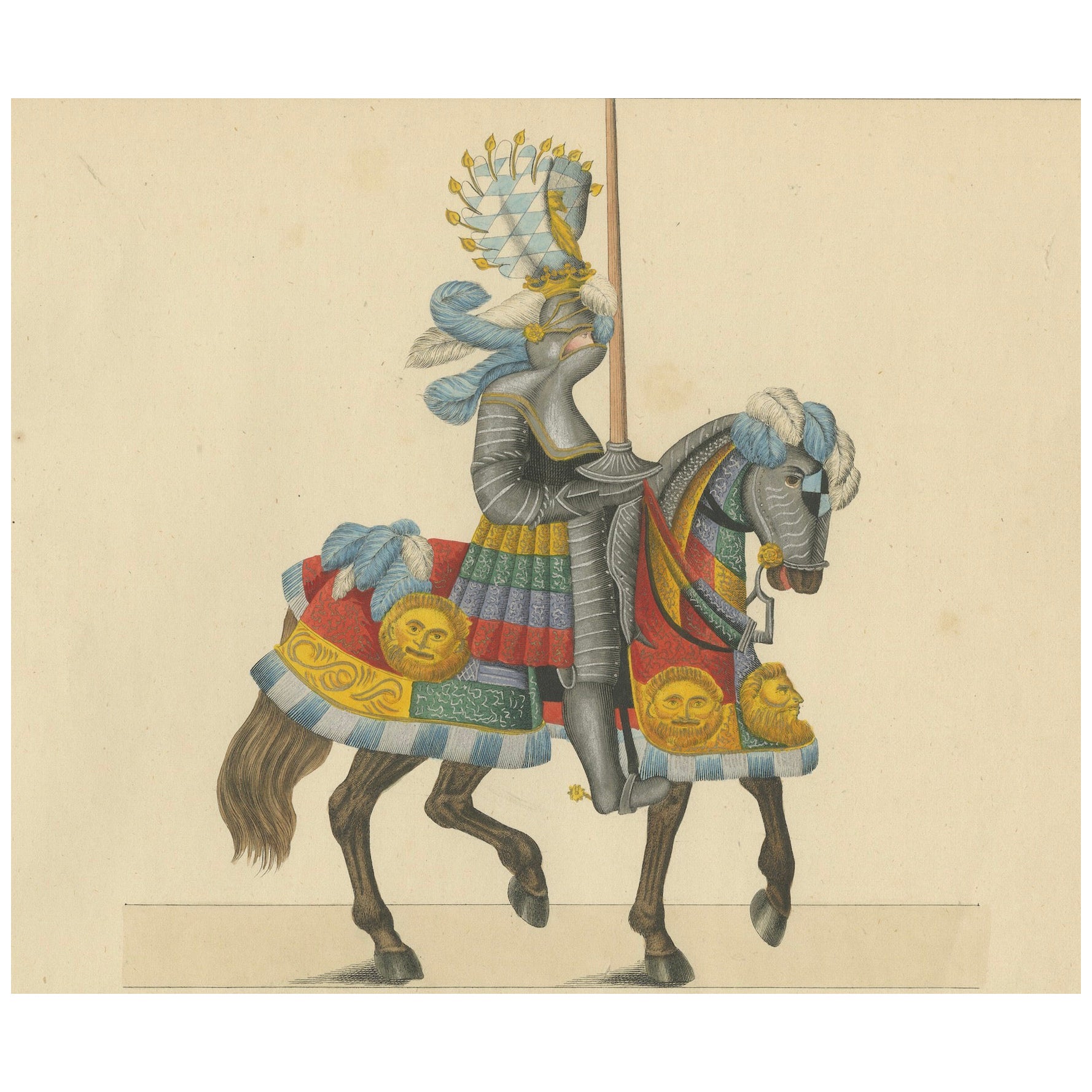 Estampa de armadura de caballero coloreada a mano con vibrantes motivos heráldicos, 1842 en venta