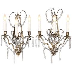 Antique Pair of French Louis XVI Brass and Crystal Wall Sconces
