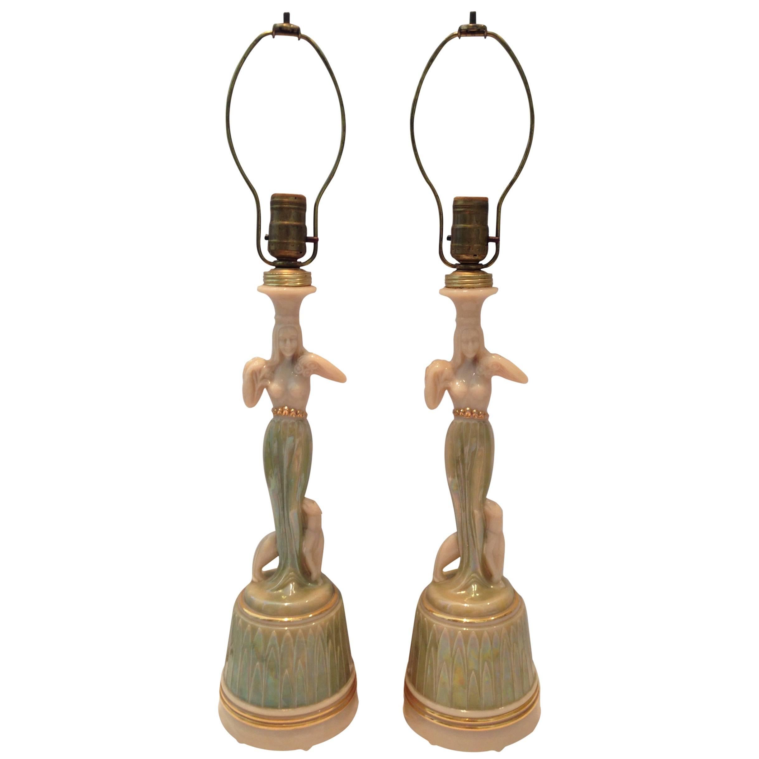 Pair of Art Deco Alacite Mermaid and Panther Lamps