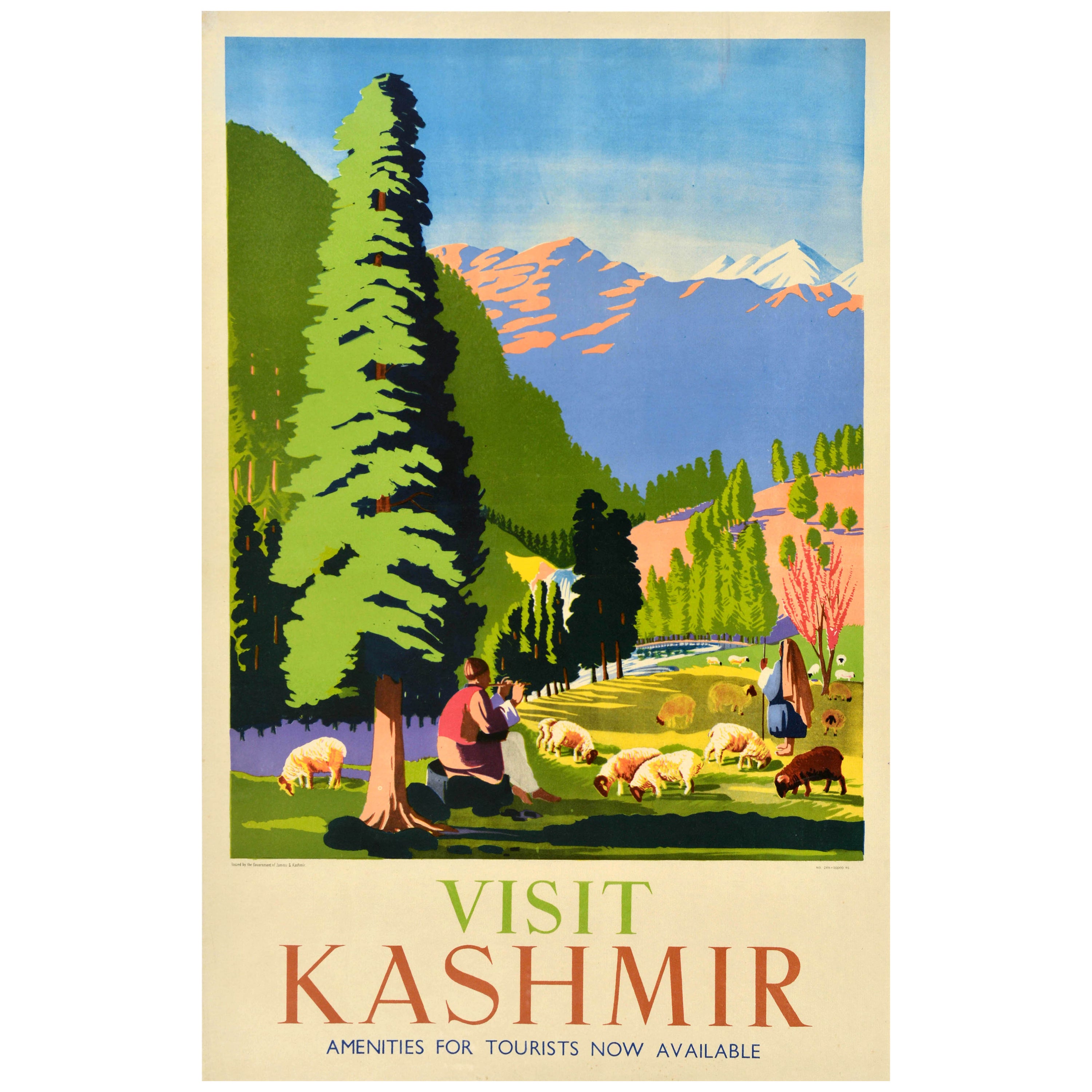Original Vintage Asia Travel Poster Visit Kashmir India Sheep Shepherd Himalayas