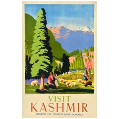 Original Vintage Asia Travel Poster Visit Kashmir India Sheep Shepherd Himalayas