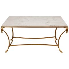 French Louis XVI Style Bronze, Marble Oblong Coffee Table with Ram's Head Design