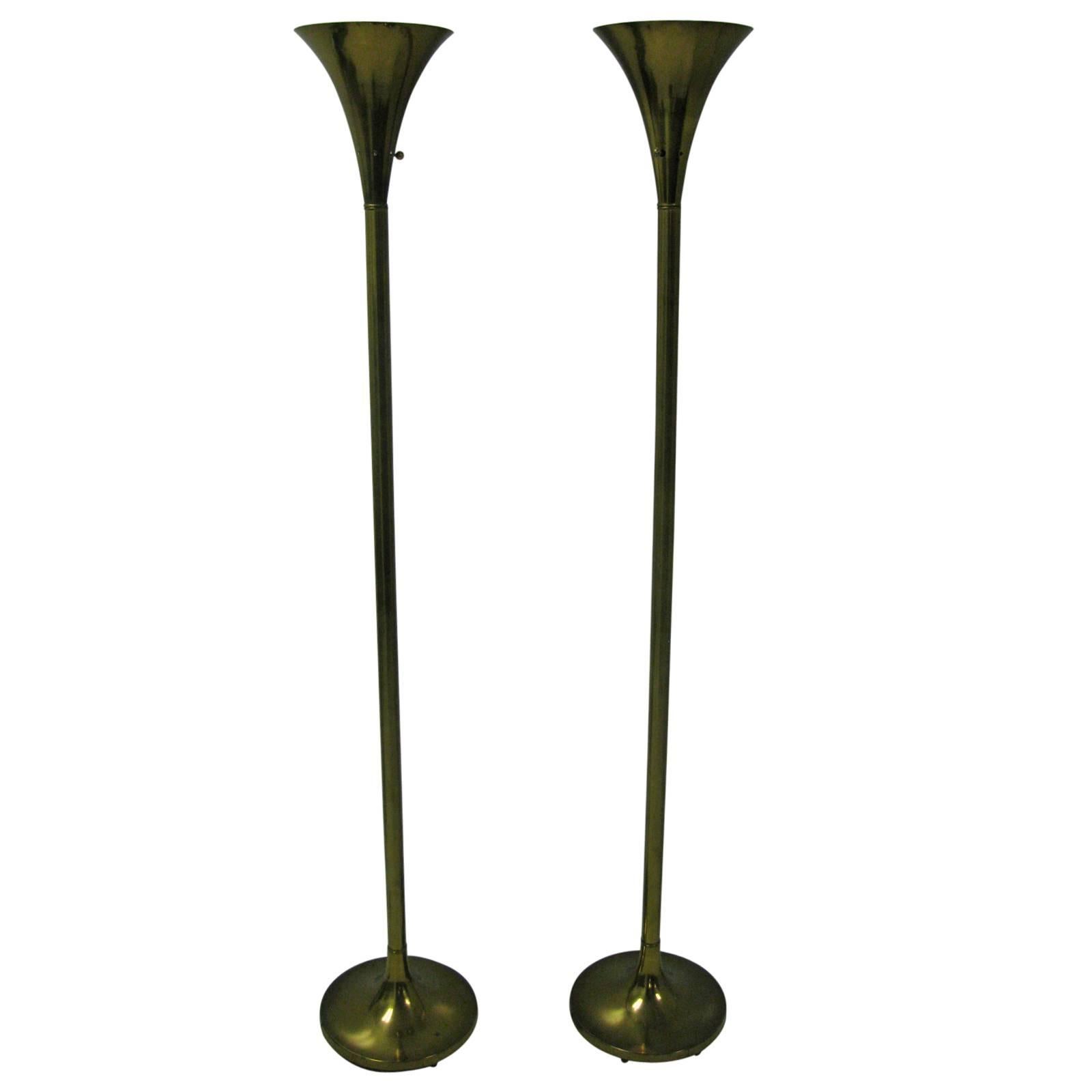 Pair of Laurel Brass Torchiere Floor Lamps