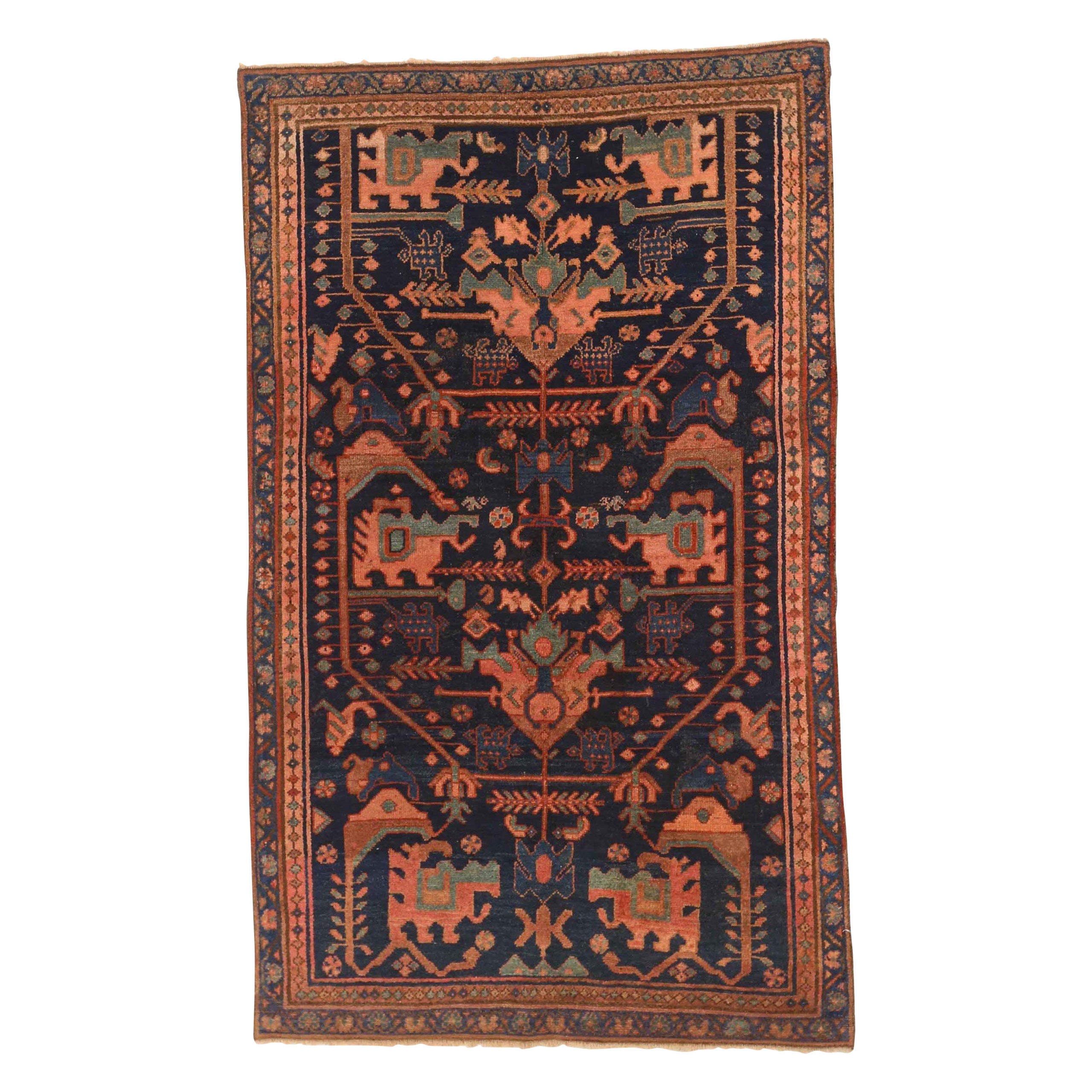 Persischer Hamadan Kleiner Teppich aus Wolle in Marineblau, Blau und Rosa 10340
