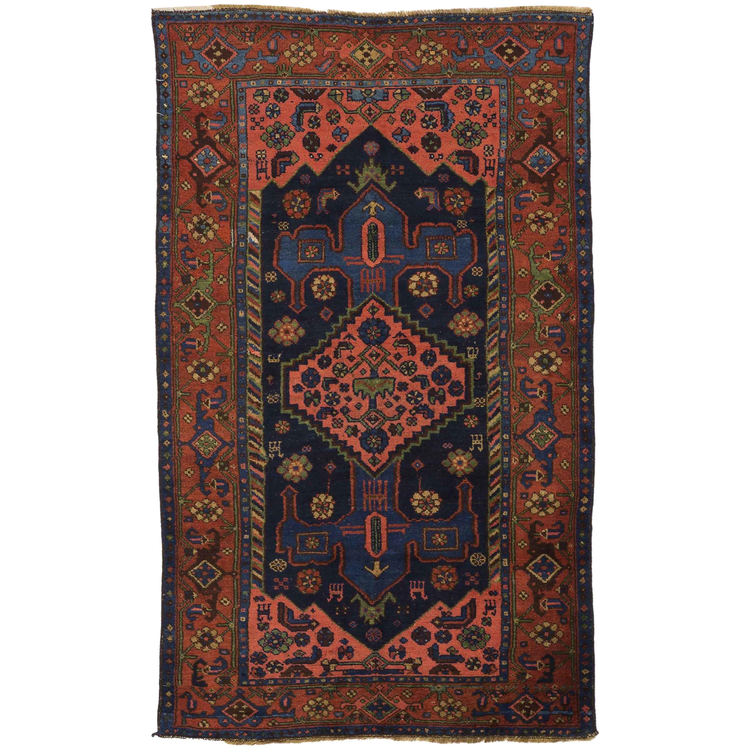 Persischer Hamadan Kleiner Teppich - Wolle Blau Marineblau Rosa Rot 10332