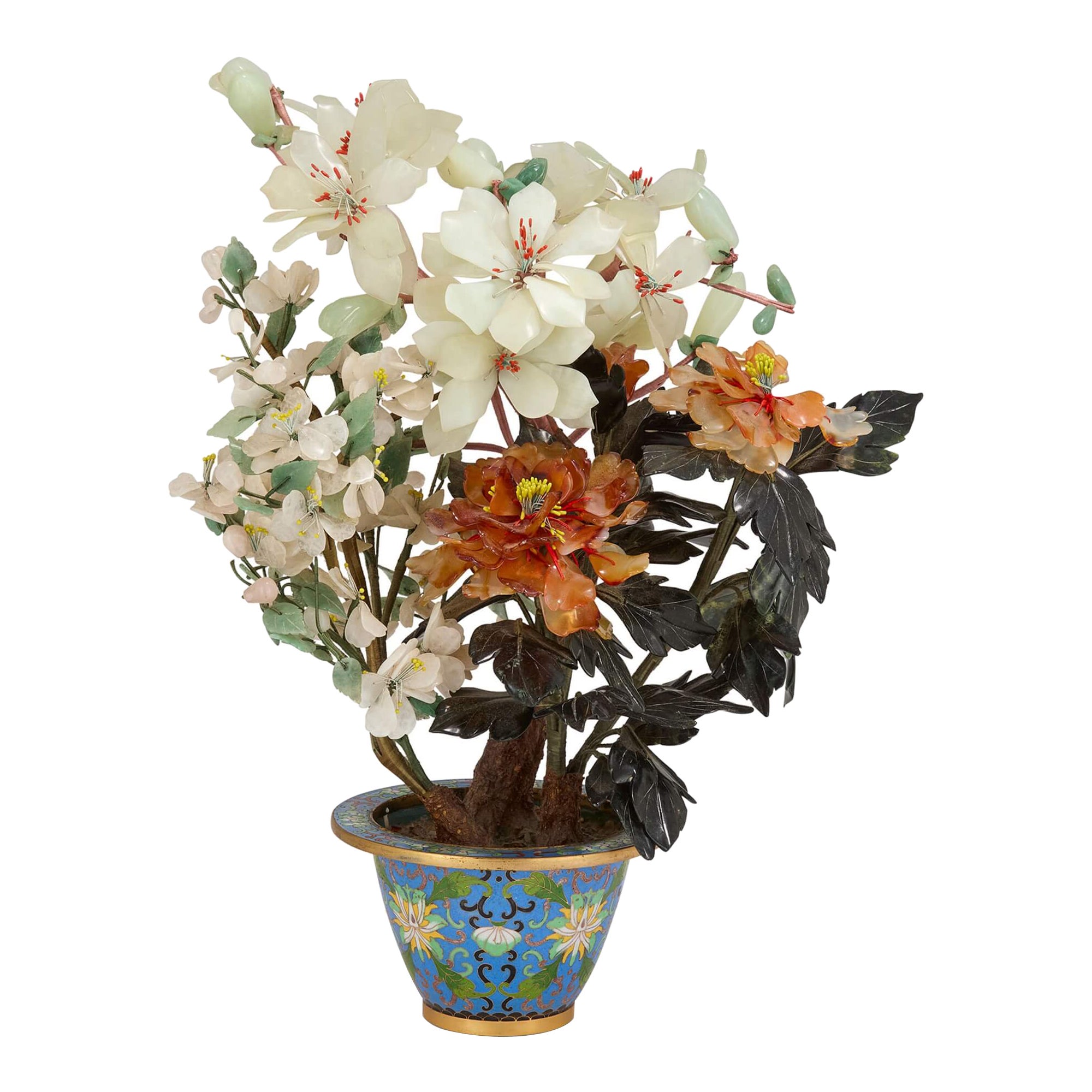 Gran Modelo Chino de Árbol Florido de Piedra Dura en Maceta de Esmalte Cloisonné en venta
