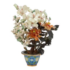 Large Chinese Hardstone Flower Tree Model in a Cloisonné Enamel Pot