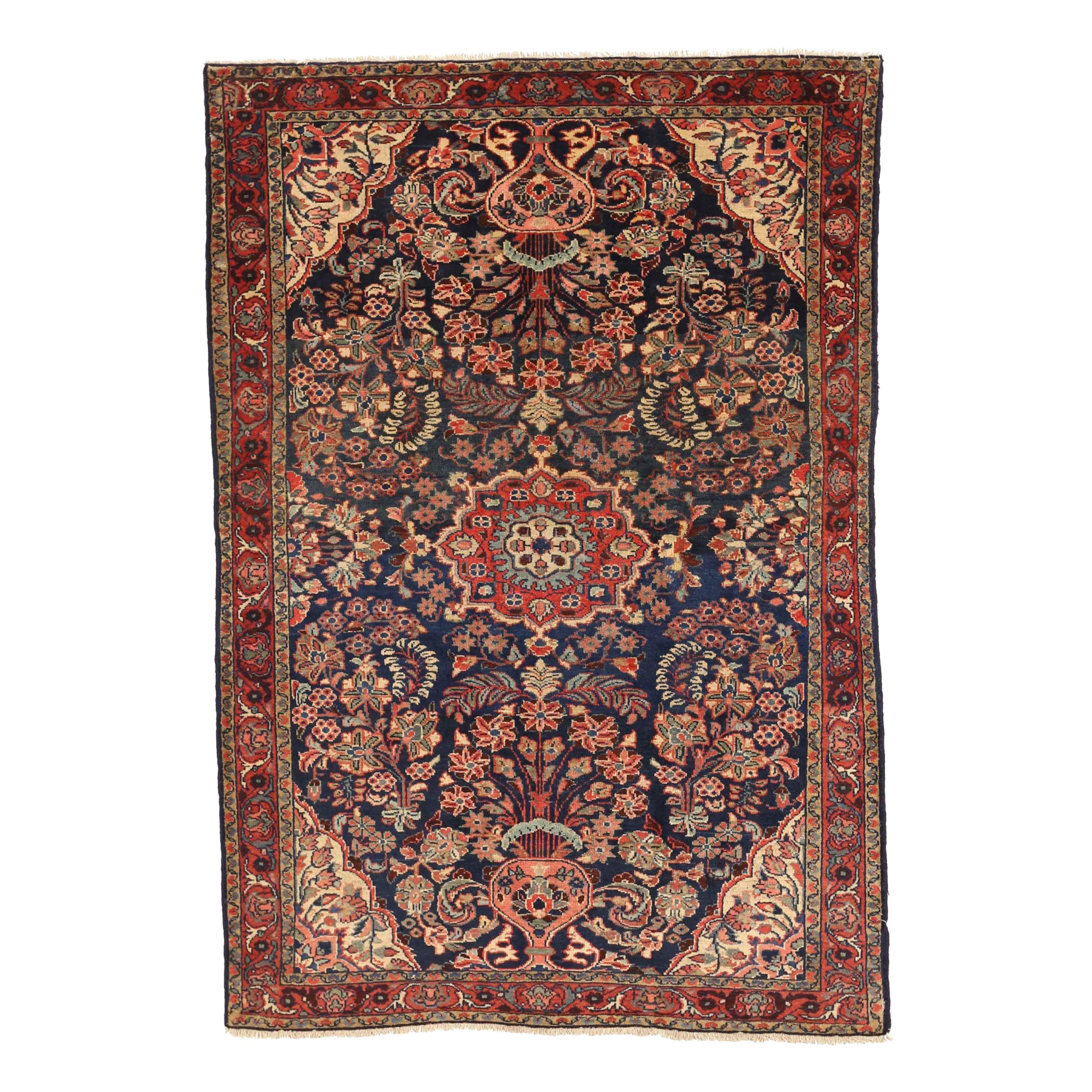 Alfombra Persa Hamadan Circa 1910 - Lana MarfilAzul MarinoDiseño Rojo - 10411