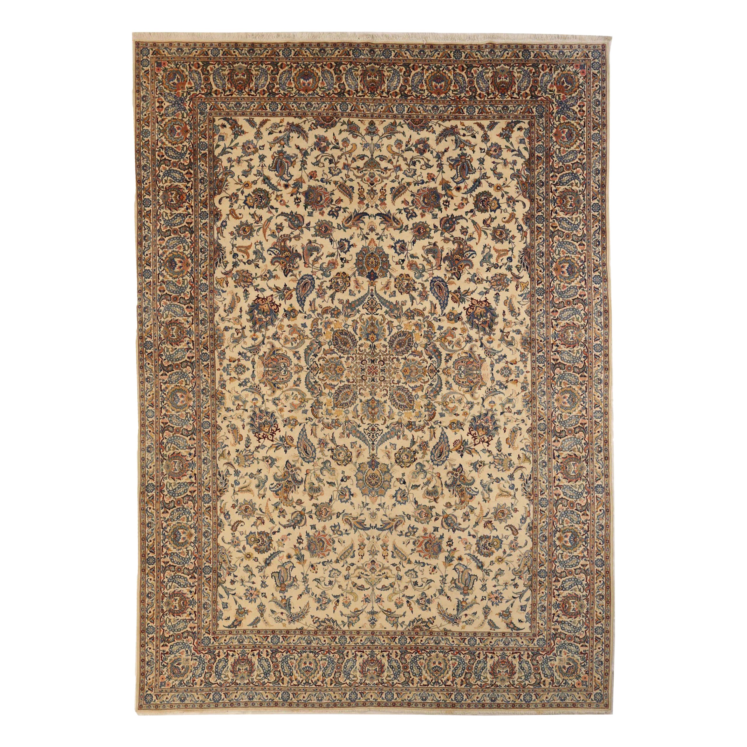 Persian Kashan Area Rugs - Wool Ivory 10386 For Sale