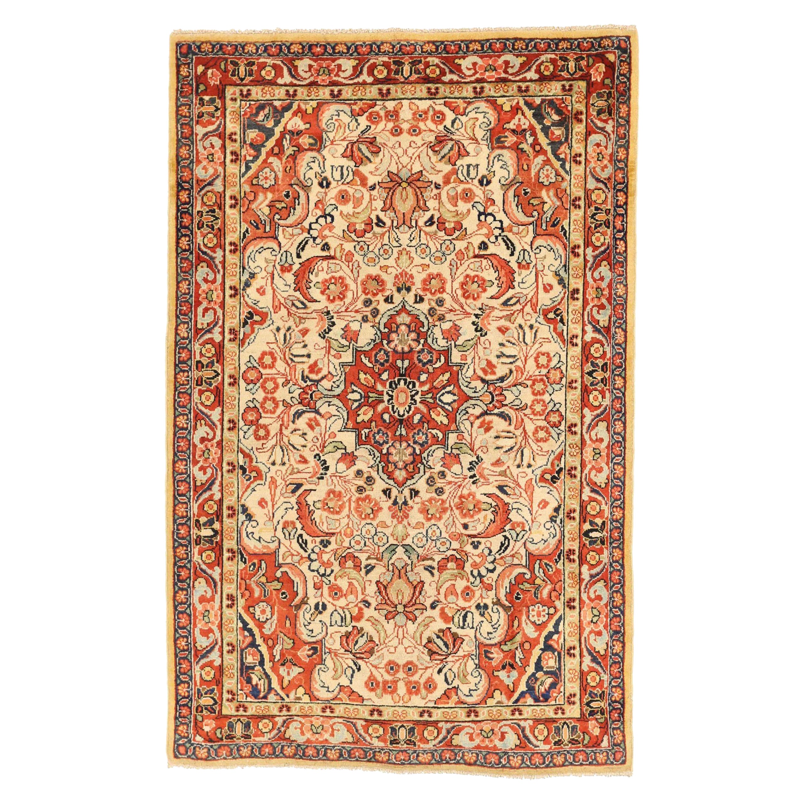 Persischer Mahal Kleiner Teppich Circa 1910 - Wolle Elfenbeinrot Design - 10393