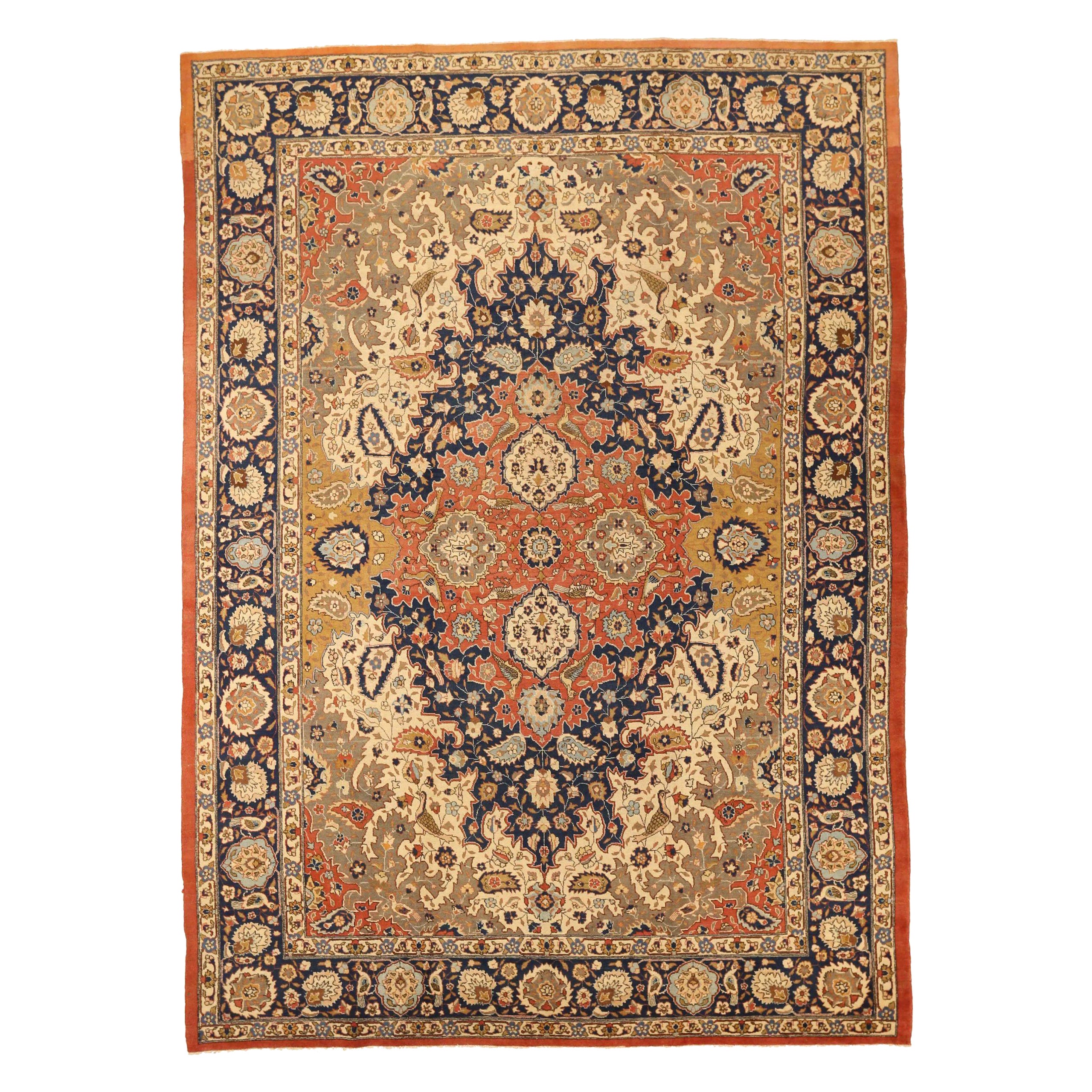 Persian Tabriz Area Rugs - Wool Ivory Navy Blue Red 10394