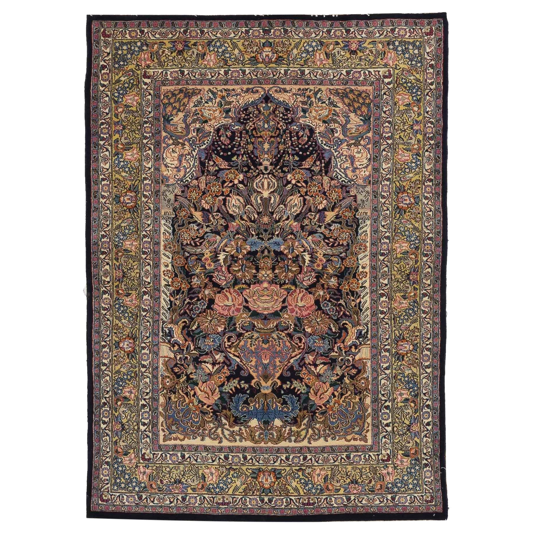 Persian Mashad Small Rug Circa 1940 - Wool Ivory Navy Blue Yellow 10443