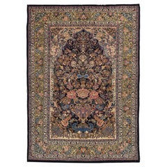 Persian Mashad Small Rug Circa 1940 - Wool Ivory Navy Blue Yellow 10443