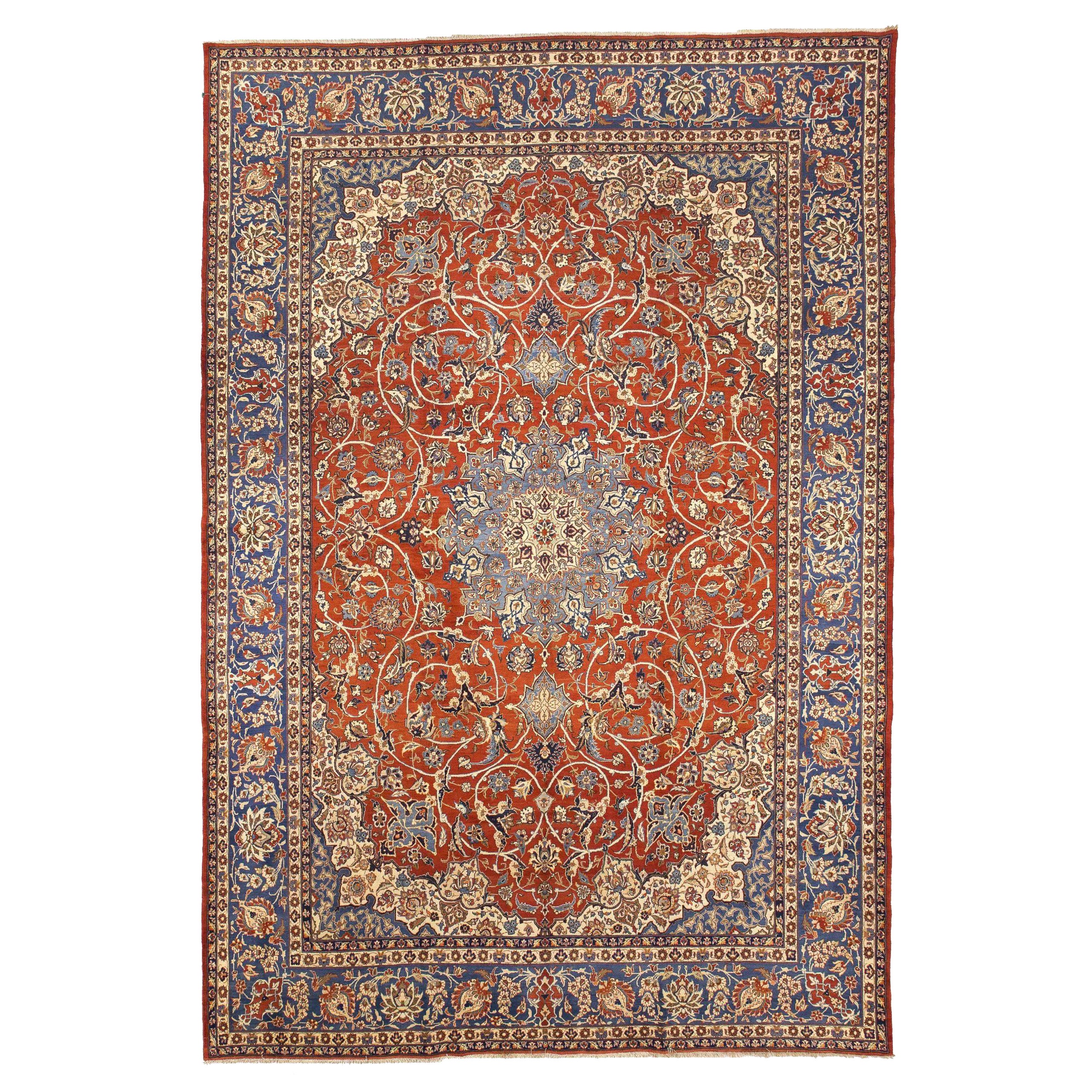 Tapis persans d'Ispahan - Laine bleu ivoire rouge 10561