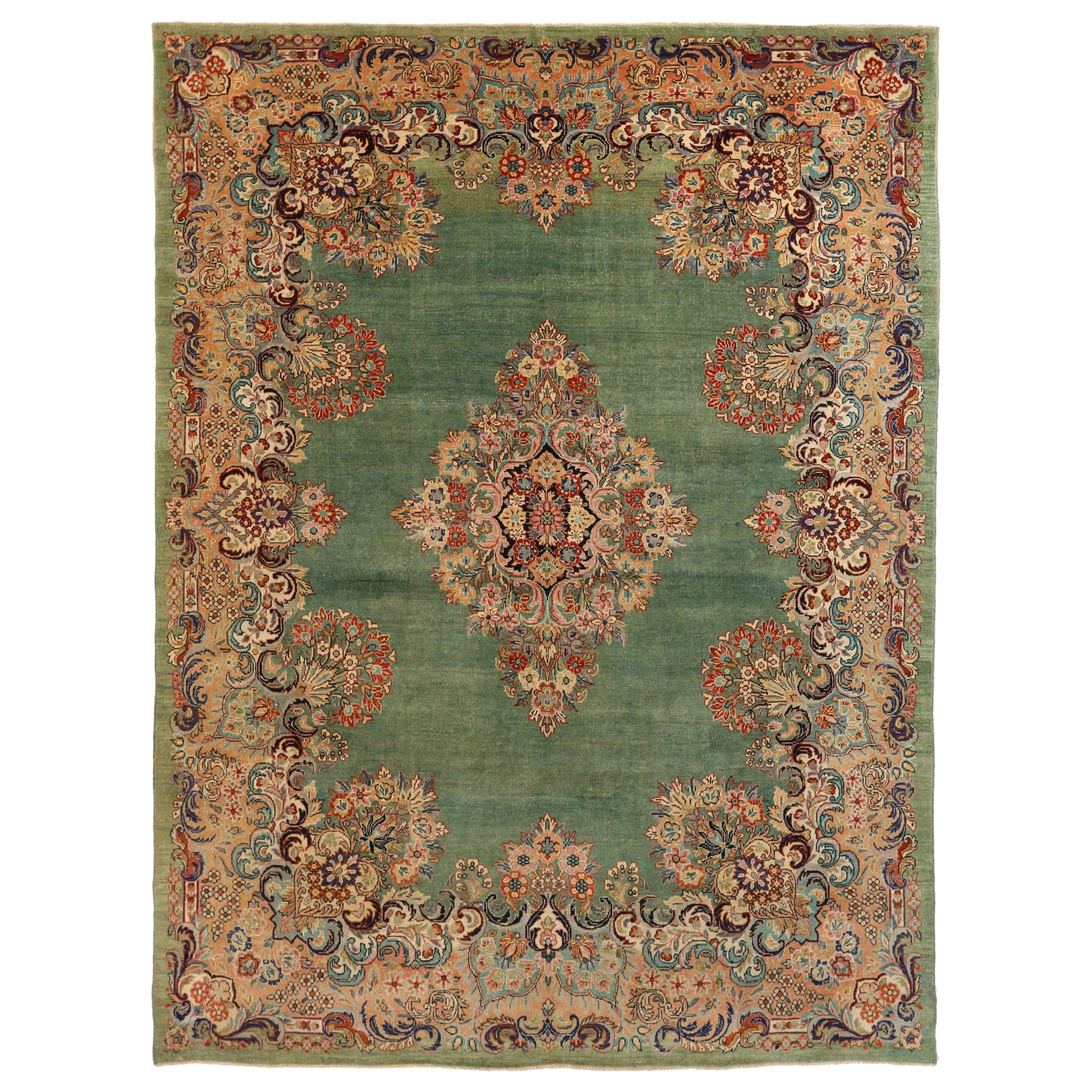 Persische Mahal-Teppiche um 1910 - Wolle Grün Elfenbein Rosa Design - 10609