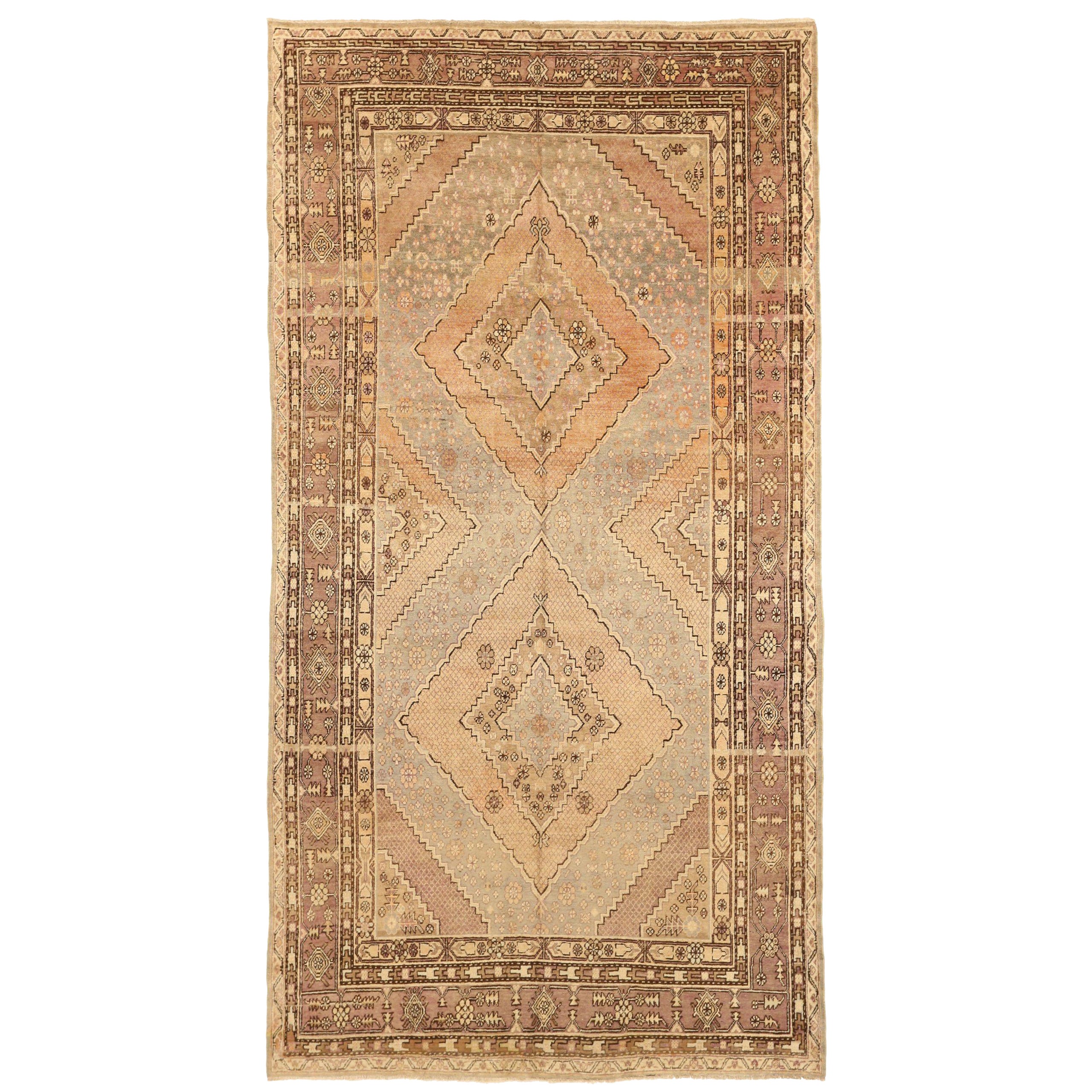Tapis russes Khotan datant d'environ 1910, motif en laine ivoire-rose - 10529