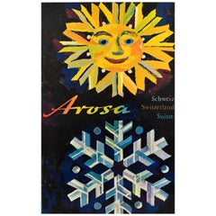 Poster di viaggio originale d'epoca Arosa Svizzera Hausamann Sole Fiocco di Neve Resort