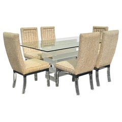 Charles Hollis Jones Tweed Lucite Chairs Architectural Dining Table, Set of 7