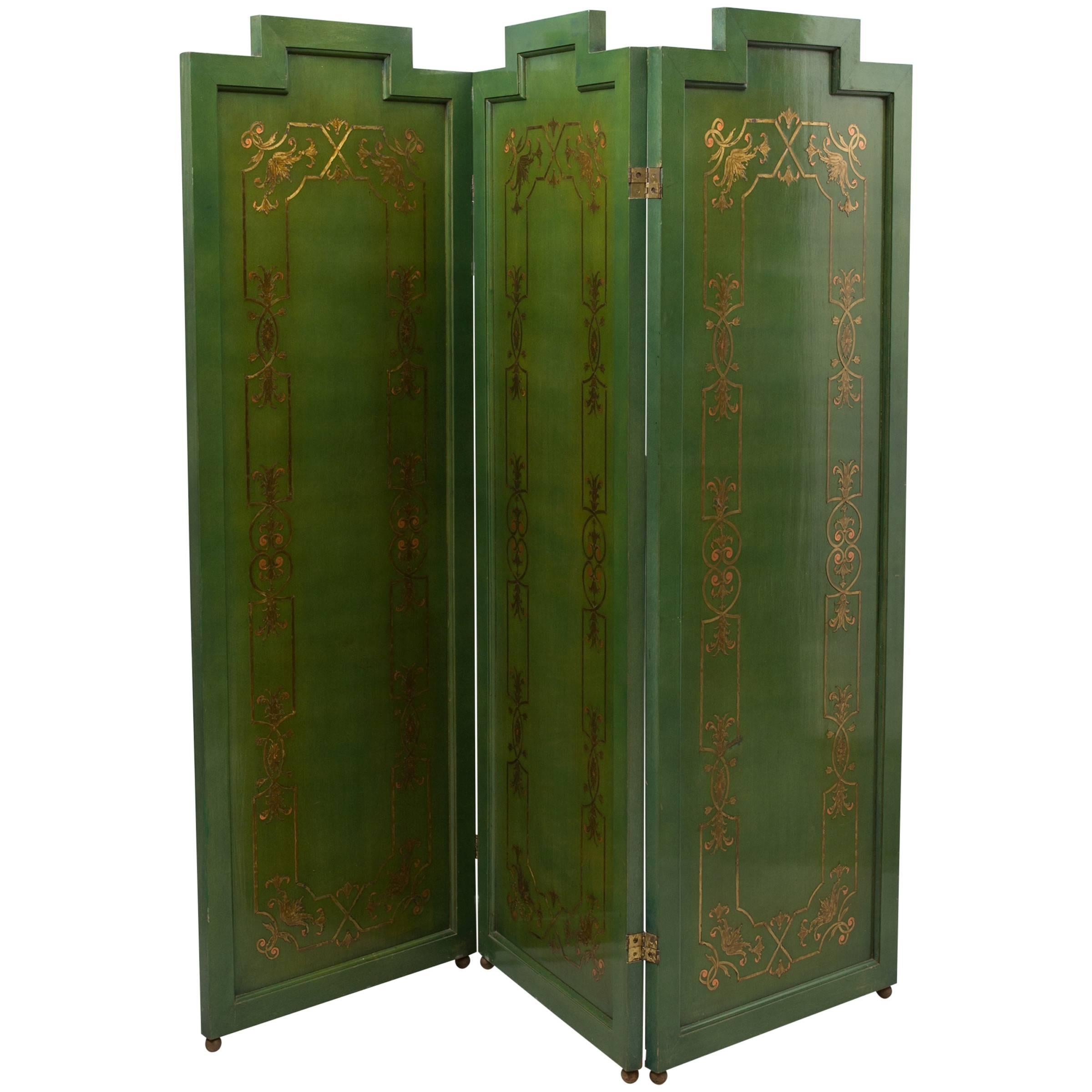 Folding Deco Green Lacquered Screen with Metal Inlay