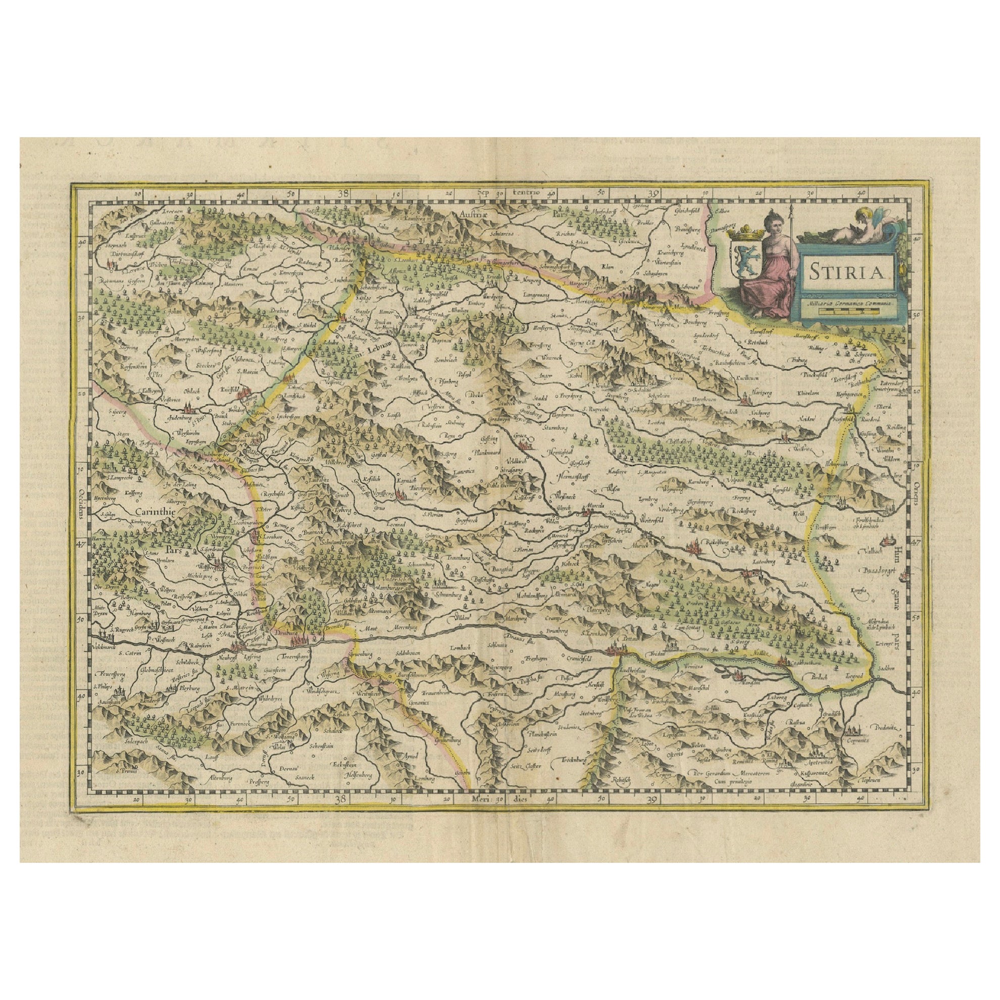 An Original Antique Mid-17th Century Blaeu Map of Styria in Southeastern Austria