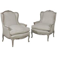 Pair Antique French Louis XV Painted Bergères /Armchairs