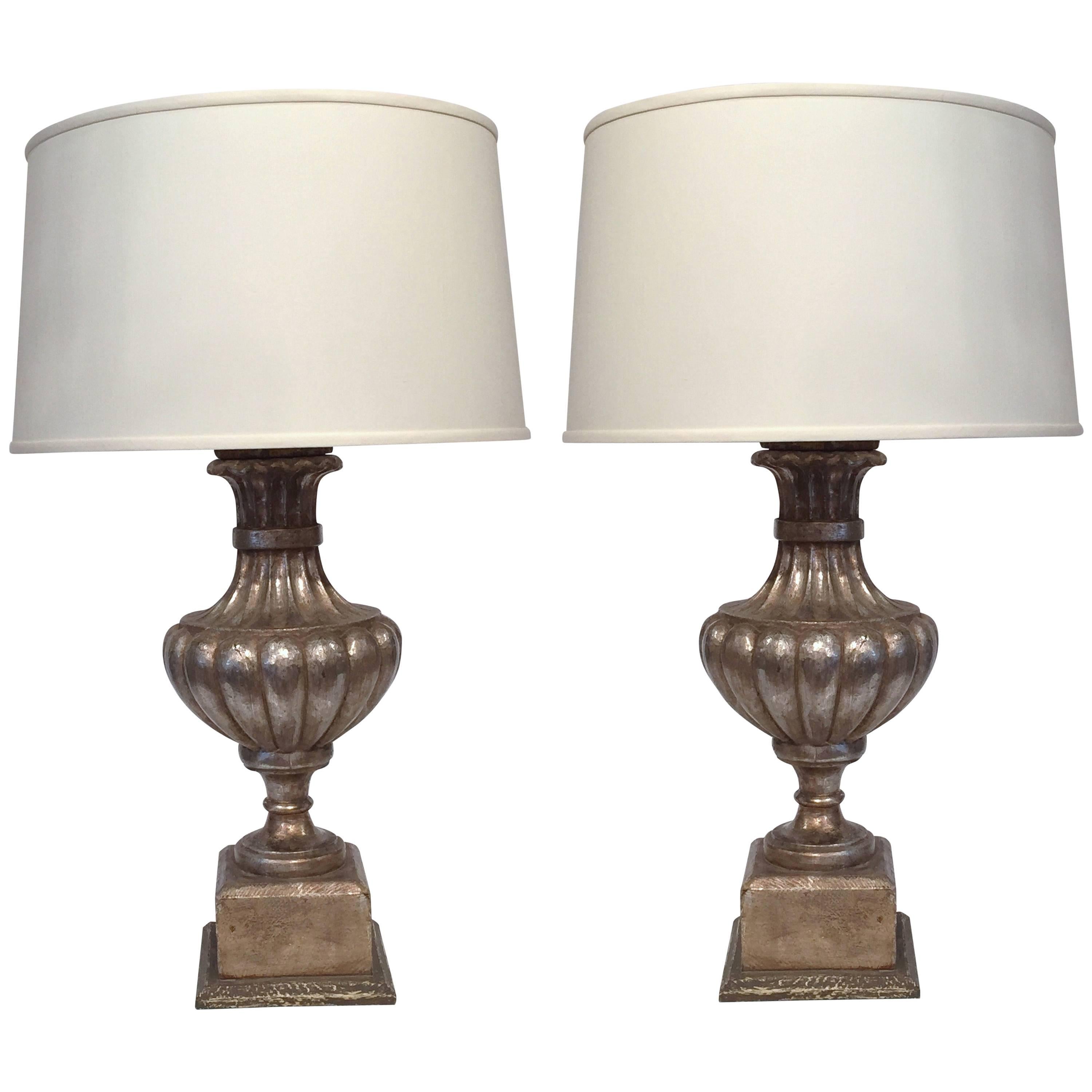 Pair of Italian Carved Lamp Bases with Silver Leaf Finish