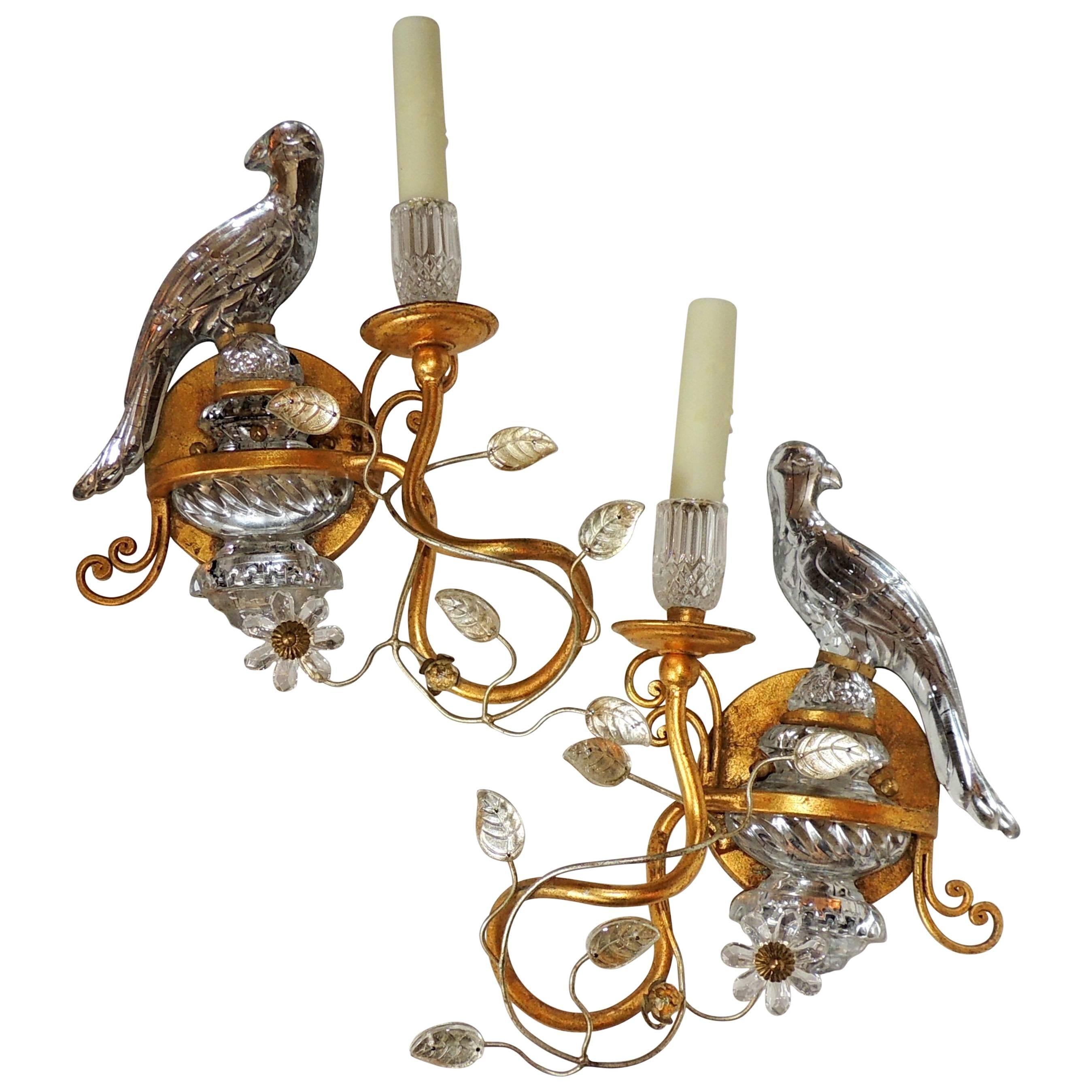 Wonderful Pair of Bagues Style Vintage Gilt and Rock Crystal Parrot Bird Sconces
