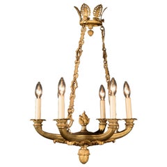 19th Century Empire Bronze Chandelier with Palmetto Crown and Flame Center