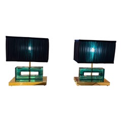 Pair of Green Murano Glass Blocks Lamps with Our Double Color Lampshades, 1970s