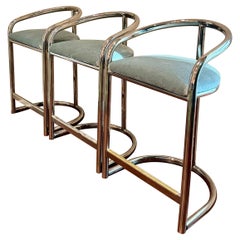 Newly reupholstered velvet vintage chrome barstools by Thonet, circa 1970s.