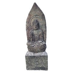 Japanischer hoher antiker Buddha Shakyamuni aus Stein, 27 Zoll, signiert