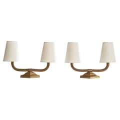 Attribution Jean Boris Lacroix, lampes de bureau, laiton, tissu, France, années 1940
