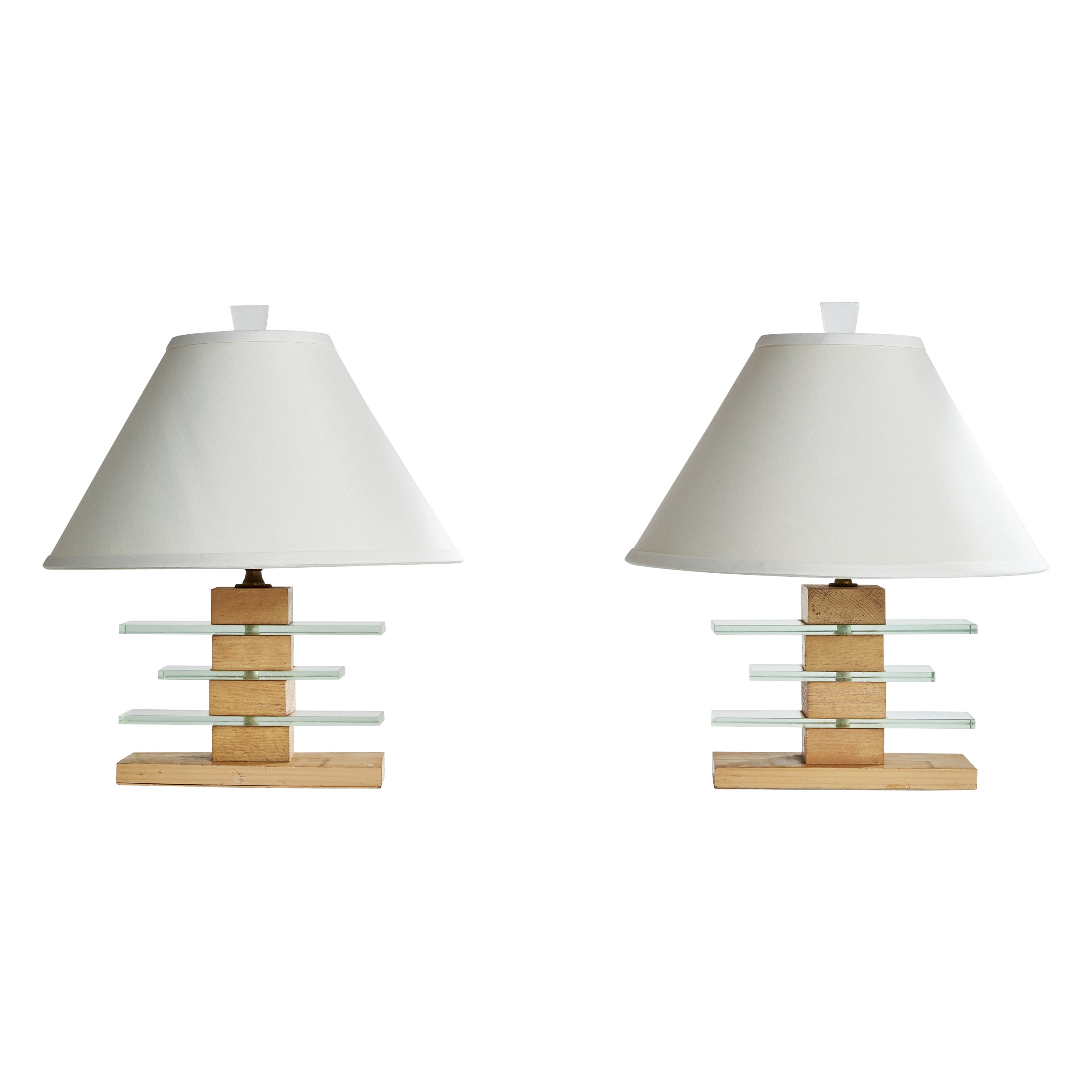 American Designer, Table Lamps, Oak, Glass, Brass, USA, 1950s For Sale
