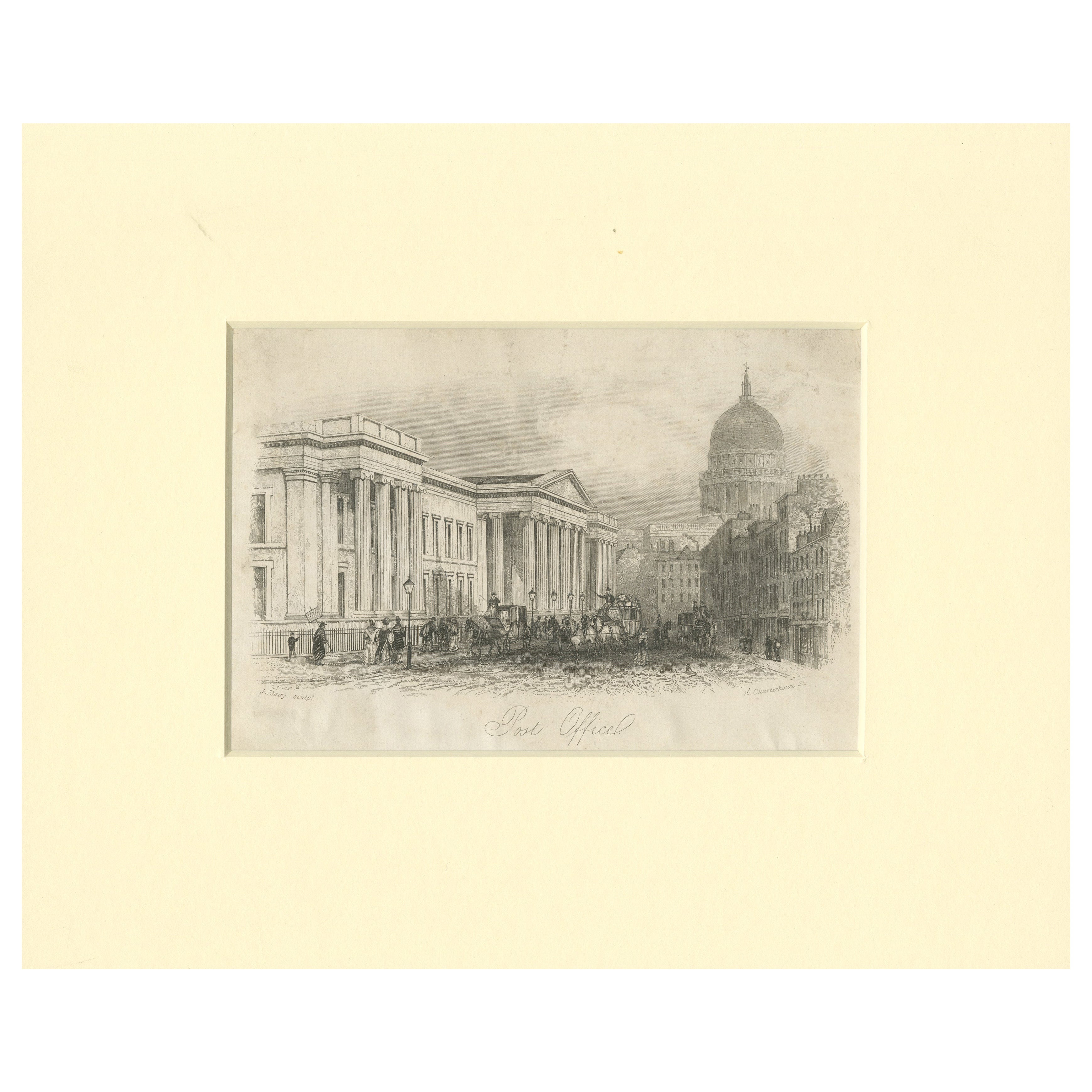 Oficina de Correos y Catedral de San Pablo, Londres - Grabado de J. Shury, ca. 1850