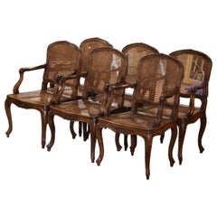 Poltrone da pranzo francesi Louis XV intagliate in noce e canne del XIX secolo, set di 6